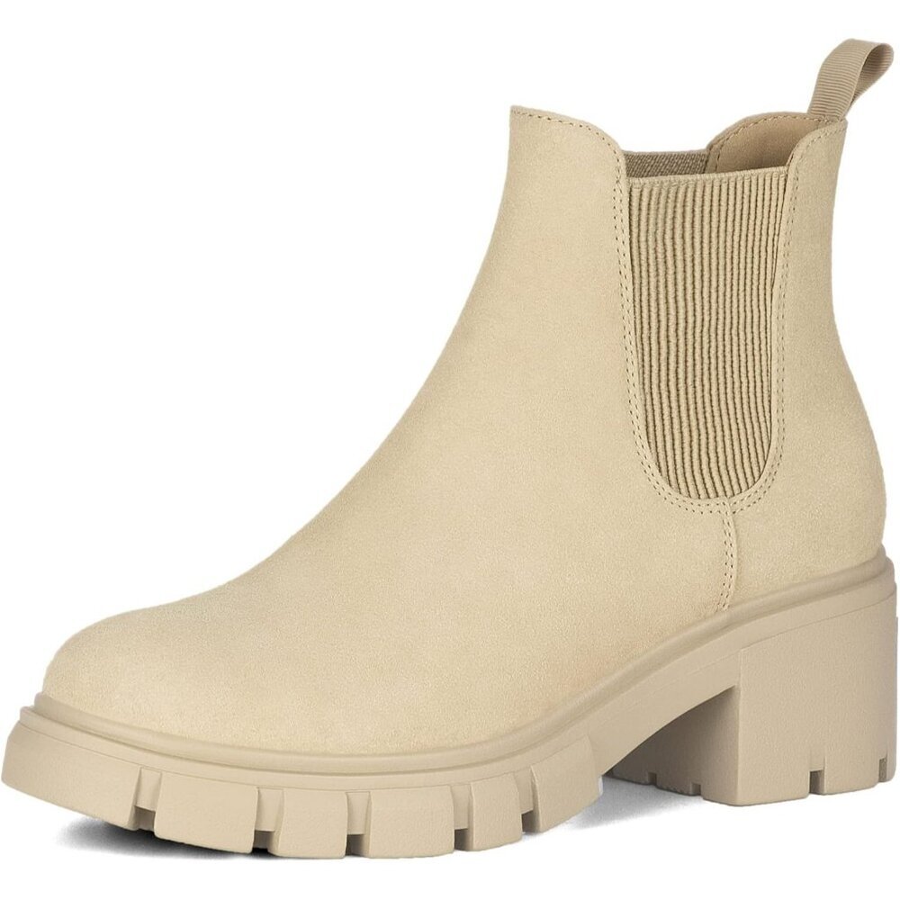 Athlefit Women's Apricot Faux Leather  Lug Sole Chunky Heel Slip on Chelsea Boot